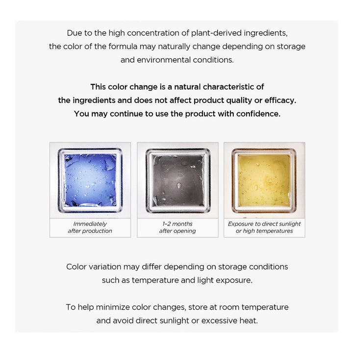 An informational graphic with text explaining that the color of a plant-derived formula may naturally change over time and with exposure to light, accompanied by three small photos of blue, gray, and yellow translucent blocks labeled with time and exposure conditions.