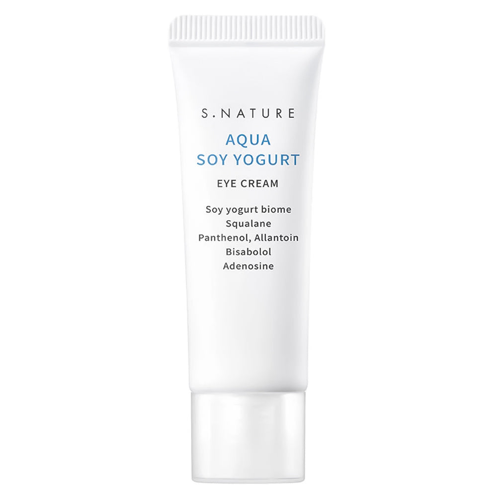 S. Nature Aqua Soy Yogurt Eye Cream in a white squeeze tube with blue and black text, centered on a plain white background.