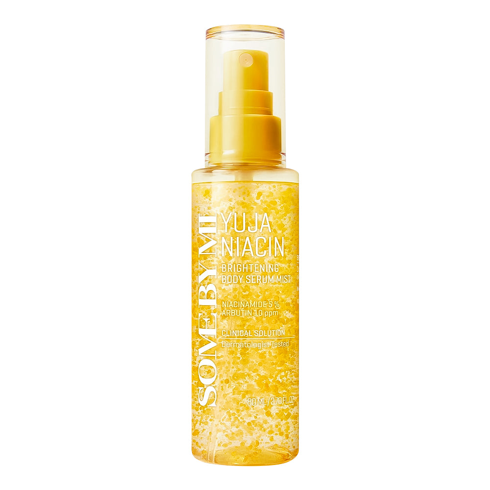 Sovebyme Yuja Niacin Brightening Facial Serum in a clear cylindrical bottle with a yellow pump and a transparent cap, filled with yellow gel, on a white background.