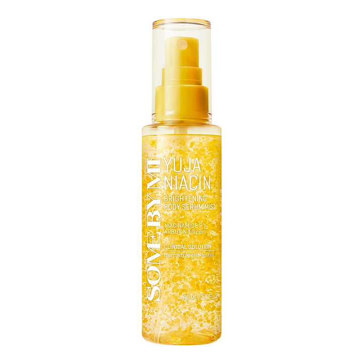 Sovebyme Yuja Niacin Brightening Facial Serum in a clear cylindrical bottle with a yellow pump and a transparent cap, filled with yellow gel, on a white background.