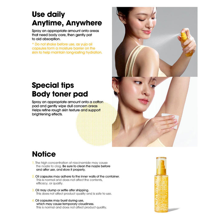 An informational product graphic for a body toner pad. The layout includes text instructions on how to use the product daily and special tips, alongside a photo of a woman spraying the product onto her underarm.