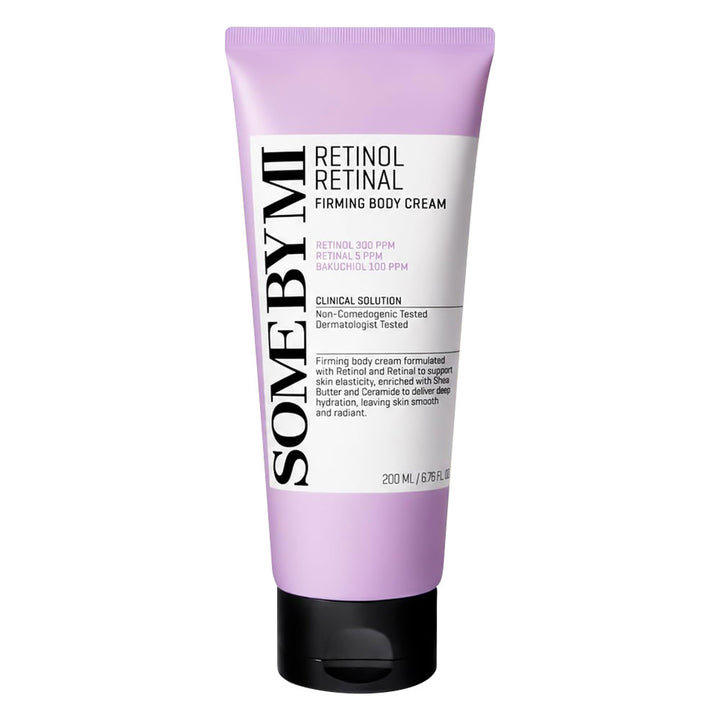 SOMEBY-MI Retinol Retinol Firming Body Cream in a lavender squeeze tube with a black cap, shown on a plain white background.