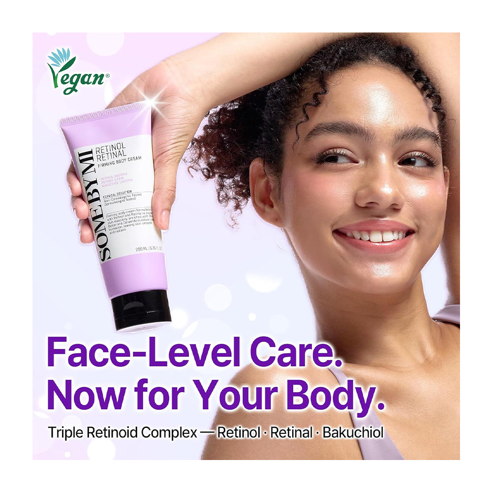 A promotional skincare ad showing a hand holding a tube of Somé by MfI Retinol Retinol Cream against a pale pink background, with a smiling woman on the right and large text reading &