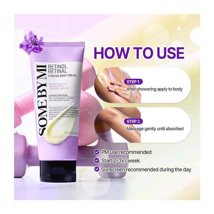 A promotional graphic for SOMEBYMI Retinol Retinoid Firming Body Cream. The left side shows the lavender and white squeeze tube with a black cap, decorated with a purple flower sprig, set against pink massage tools.