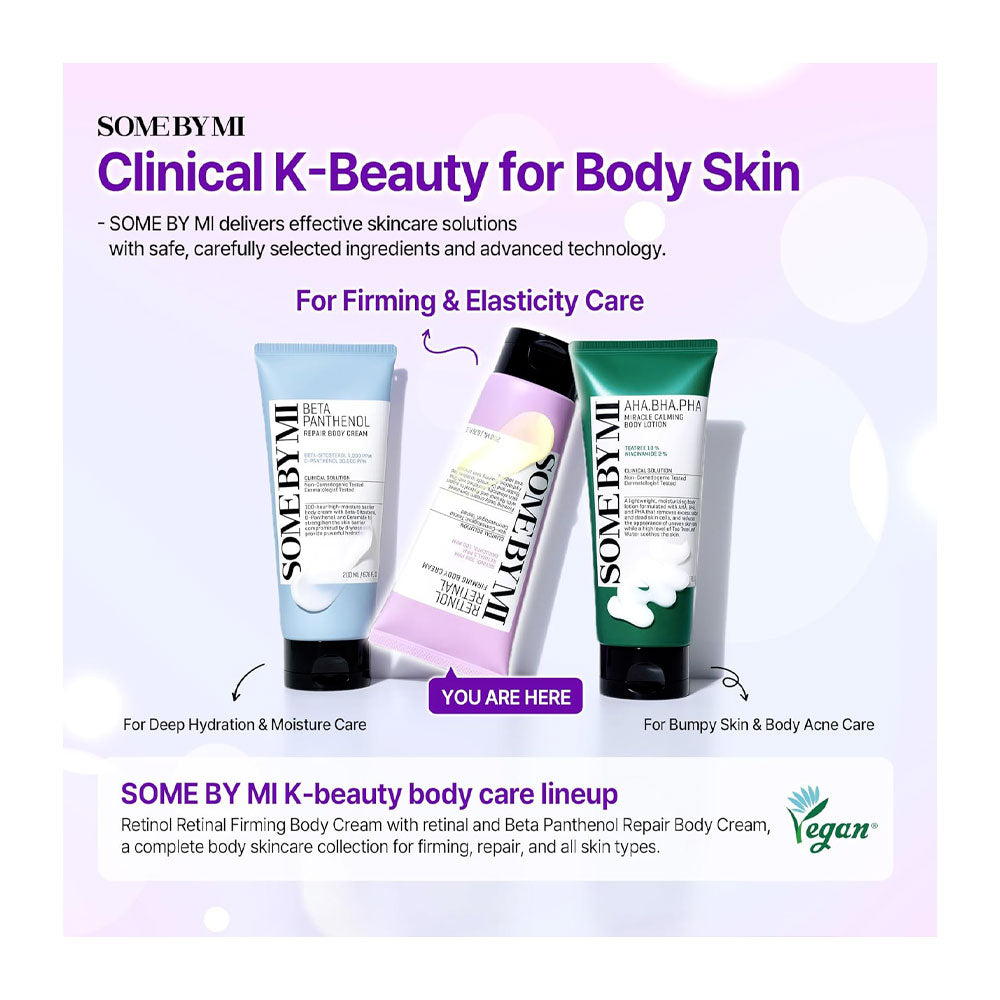 A promotional graphic for SOME BY MI K-Beauty body care products, showing three squeeze tubes labeled Retinol Retinamide, Somed By Mi Beta Panthenol Repair Body Cream, and Azulain Body Cream on a pale pink and lavender background with text callouts.