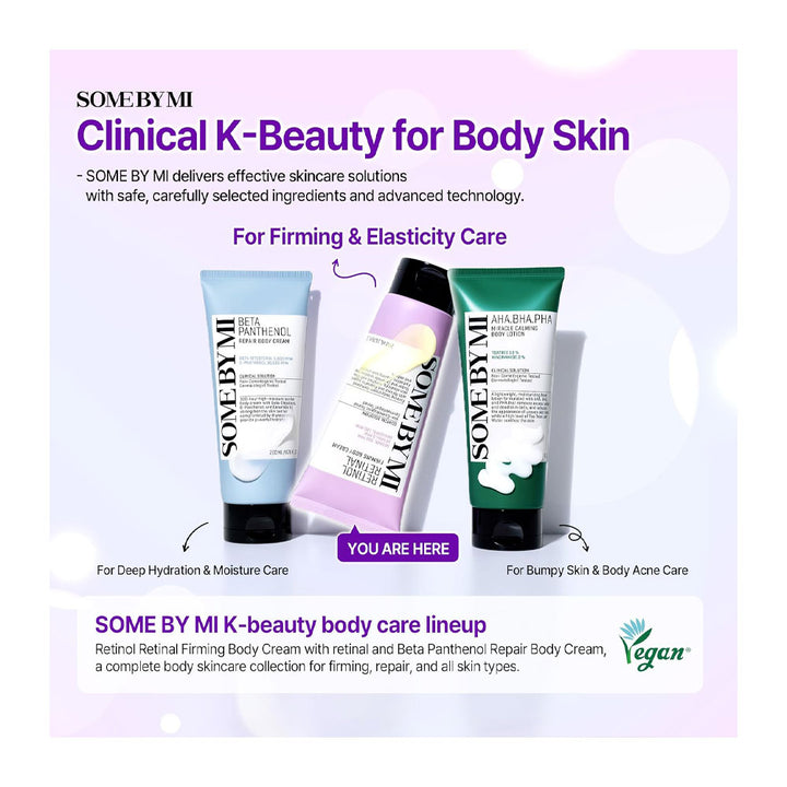 A promotional graphic for SOME BY MI K-Beauty body care products, showing three squeeze tubes labeled Retinol Retinamide, Somed By Mi Beta Panthenol Repair Body Cream, and Azulain Body Cream on a pale pink and lavender background with text callouts.