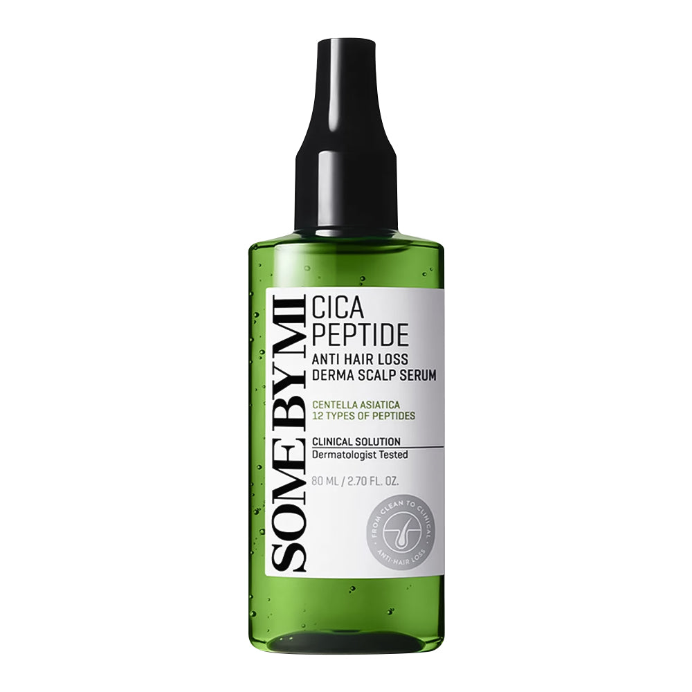 SOME BY MI Cica Peptide Anti Hair Loss Scalp Serum in a 30 mL green glass bottle with a black spray cap and white label, on a white background.