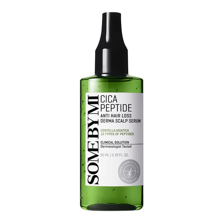 SOME BY MI Cica Peptide Anti Hair Loss Scalp Serum in a 30 mL green glass bottle with a black spray cap and white label, on a white background.