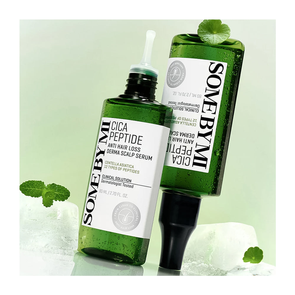 Two green bottles of SOME BY ME Cica Peptide Anti Hair Loss Serum arranged on ice cubes with mint leaves against a pale green background.