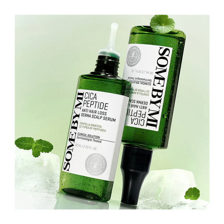 Two green bottles of SOME BY ME Cica Peptide Anti Hair Loss Serum arranged on ice cubes with mint leaves against a pale green background.