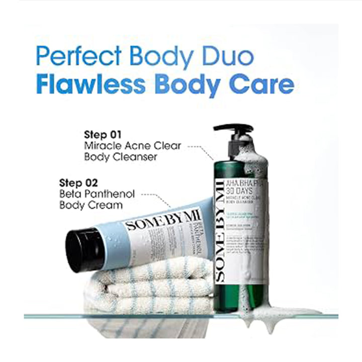 SOME BY MI Perfect Body Duo Flawless Body Care set featuring a green pump bottle of body wash and a light blue tube of body cream, displayed on a glass shelf with a folded towel and text callouts.