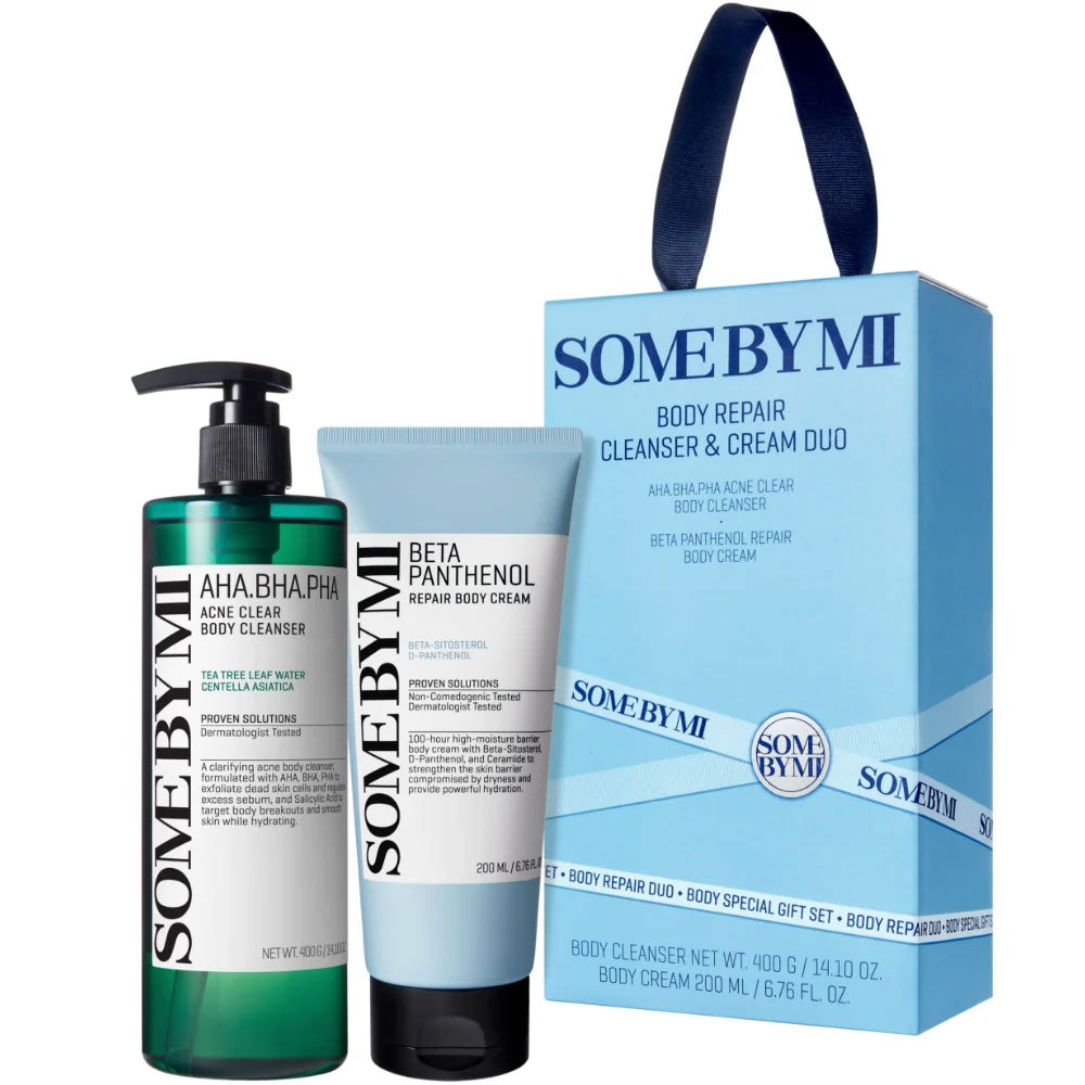 SOME BY MI Aha-Bha-Pha Body Cleanser &amp; Cream Duo gift set, featuring a dark green pump bottle, a light blue cream tube, and a matching light blue gift box with a dark blue handle, on a white background.