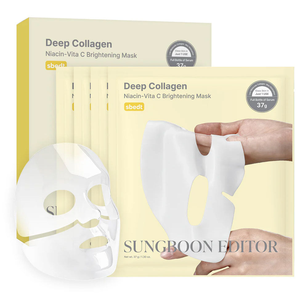 Deep Collagen Niacin-Vita C Brightening Mask packaging with a hand holding a mask sheet.