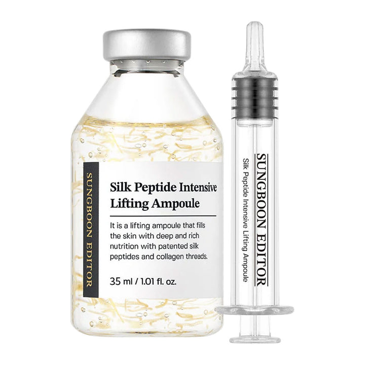 Sungboon Editor Silk Peptide Intensive Lifting Ampoule set, featuring a 35 ml clear bottle filled with golden-yellow liquid and a matching clear syringe with a silver cap, on a solid white background.
