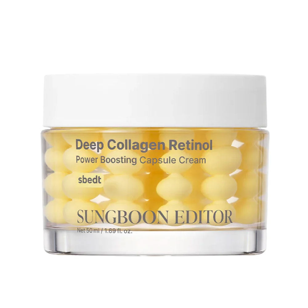 A jar of Sungboon Editor Deep Collagen Retinol Power Boosting Capsule Cream, featuring yellow capsules inside a clear jar with a white lid, on a white background.