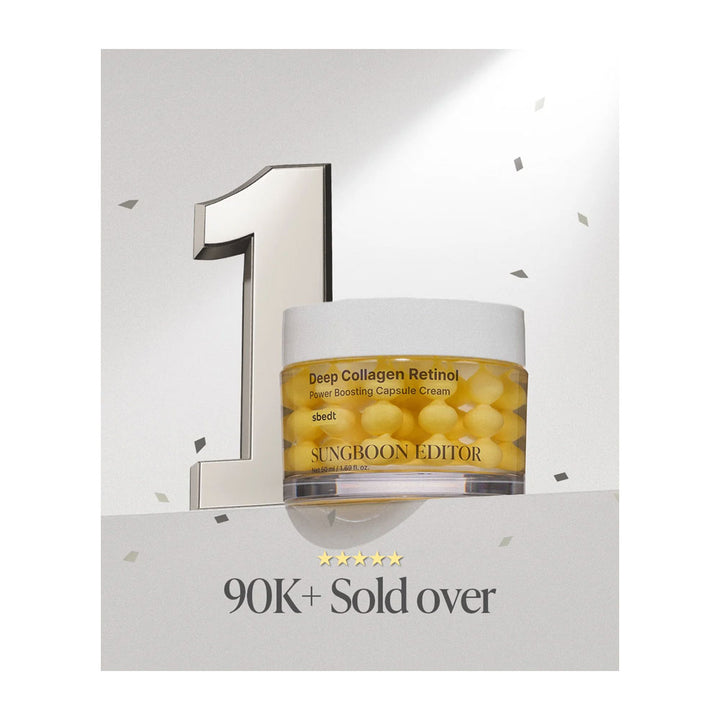 A jar of Sungboon Editor Deep Collagen Retinol Power Boosting Capsule Cream displayed on a pedestal next to a large metallic number 1, with &