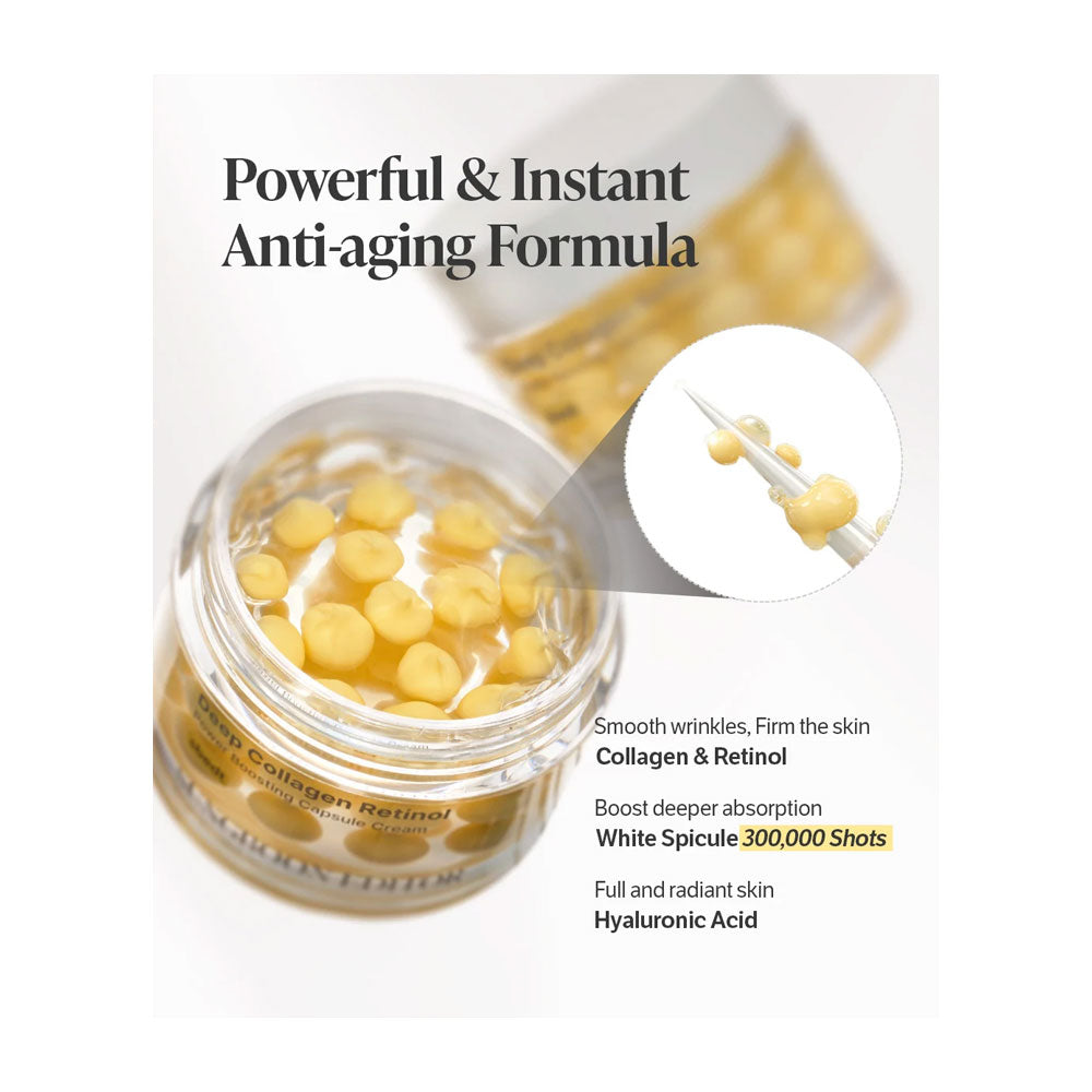 A jar of deep collagen retinol cream with visible yellow gel beads, shown on a clean white background with promotional text and a circular inset showing the texture of the formula.