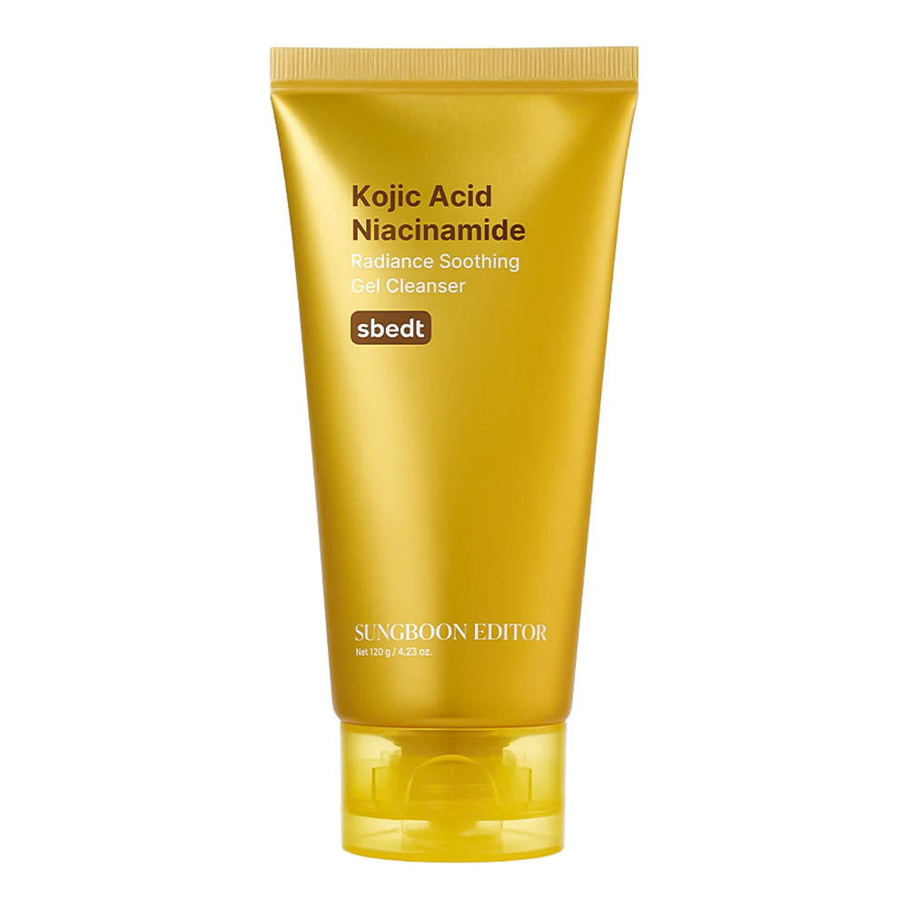 A gold squeeze tube of sbedt Kojic Acid Niacinamide Radiance Soothing Gel Cleanser on a solid white background.