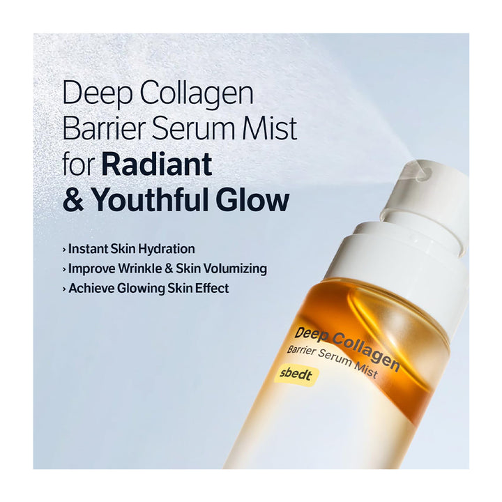 Deep Collagen Barrier Serum Mist bottle with product description on a light blue background