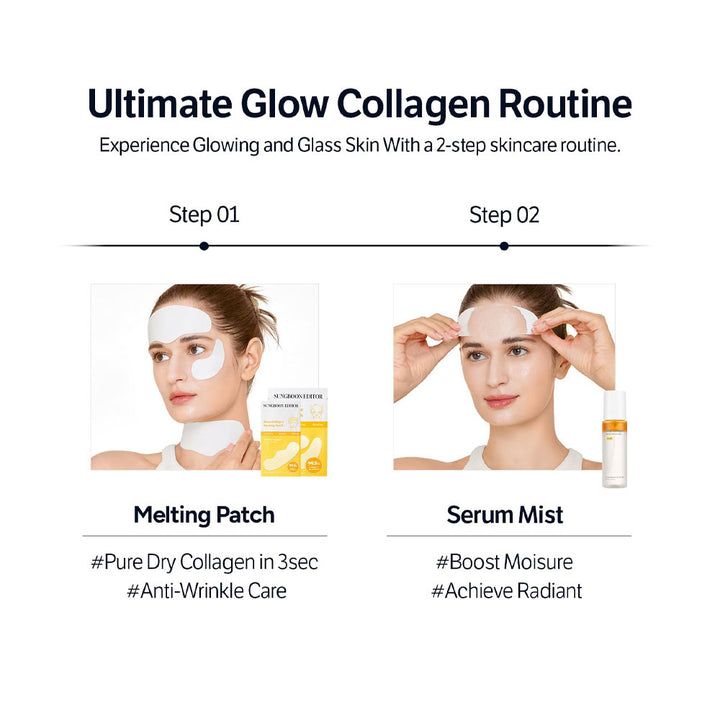 Collagen skincare routine with melting patch and serum mist on a white background