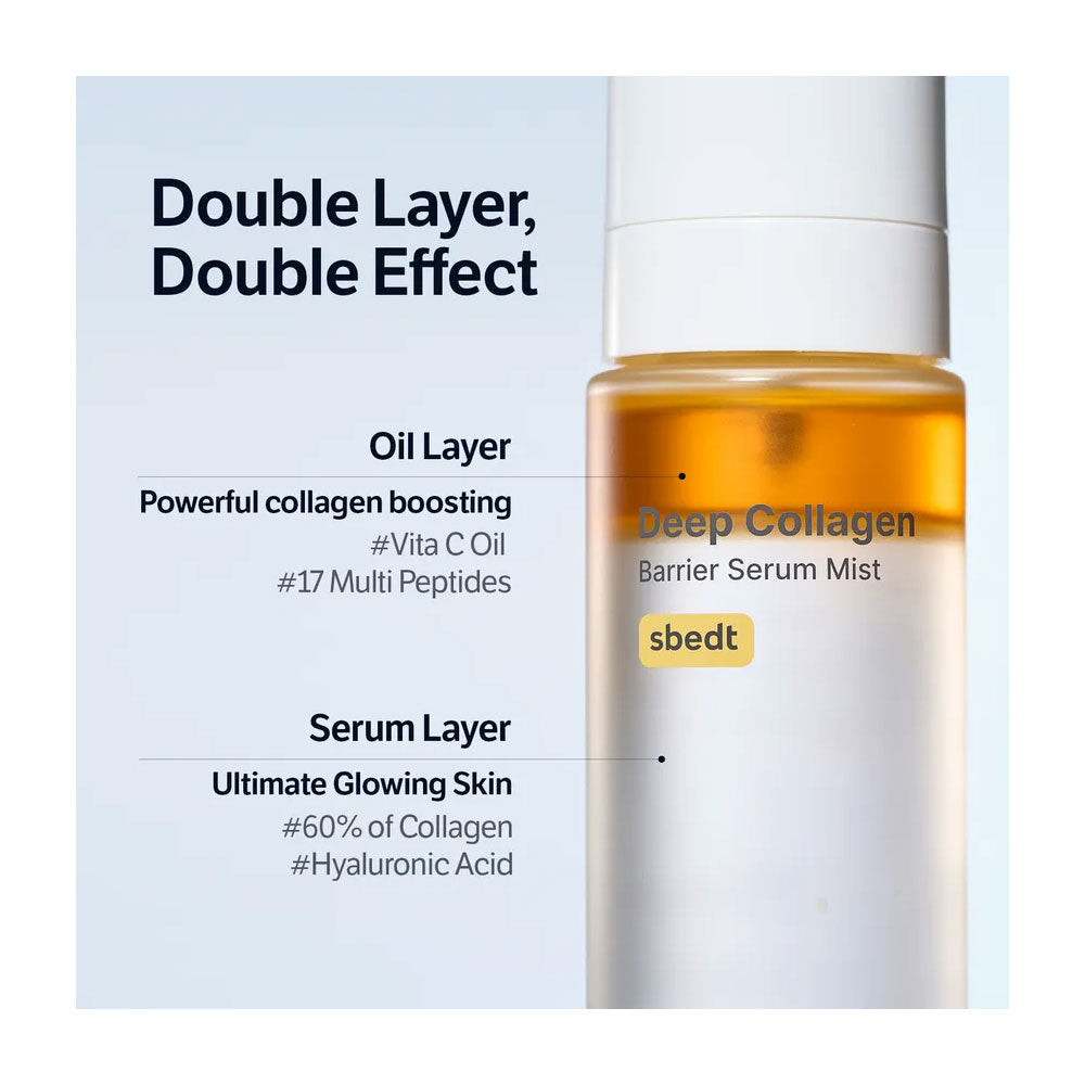 Skincare product with text detailing its double-layered effect and ingredients.