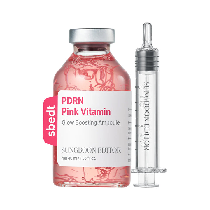 Sungoon Editor PDRN Pink Vitamin ampoule bottle with syringe on a white background
