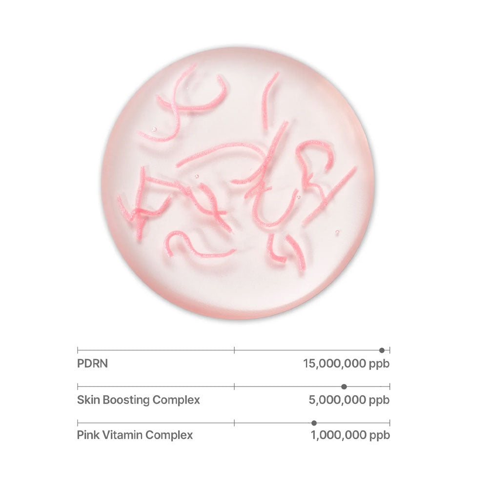 Round pink gel-like product with text and measurements on a white background
