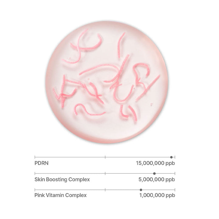 Round pink gel-like product with text and measurements on a white background
