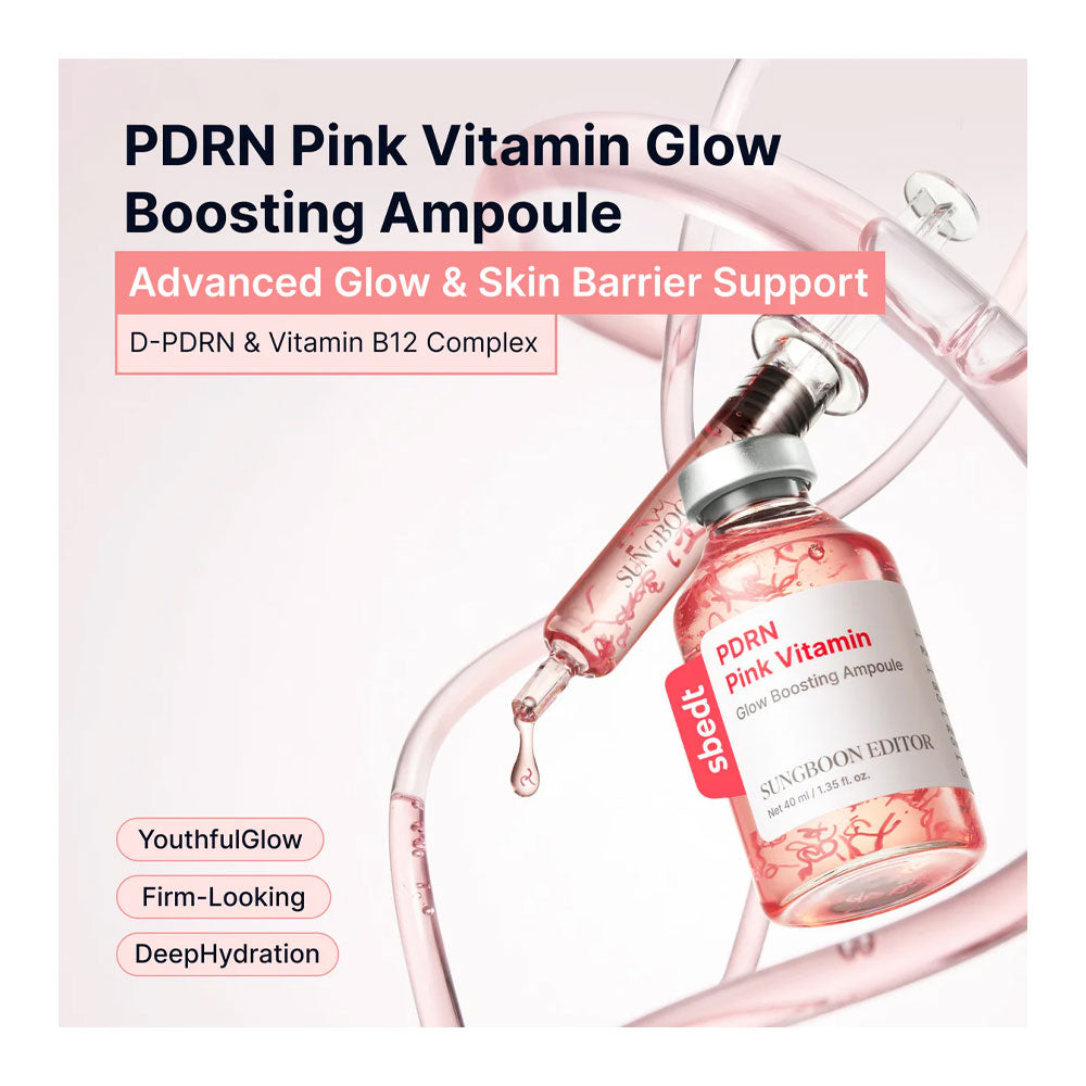 PDRN Pink Vitamin Glow Boosting Ampoule with dropper on a light pink background