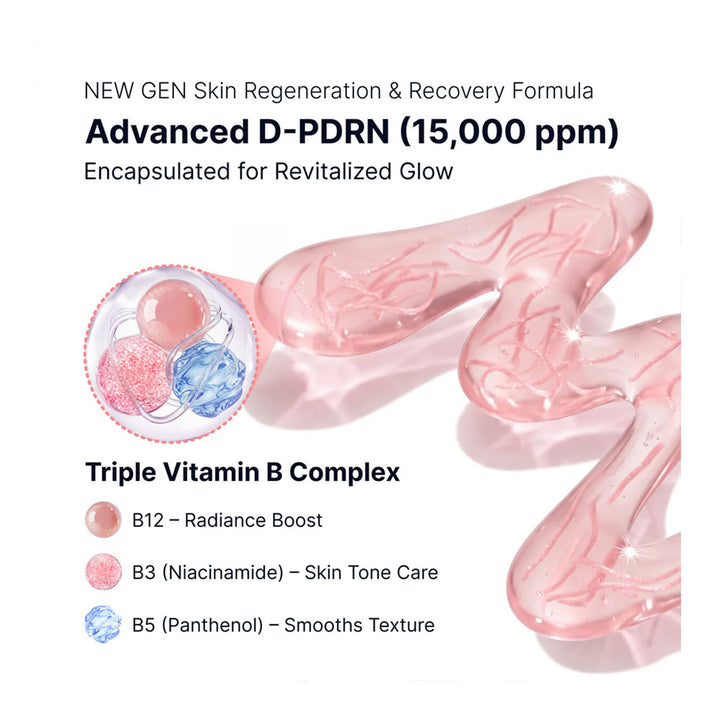 Advertisement for a skincare product with text about D-PDRN and vitamin B complex on a white background.