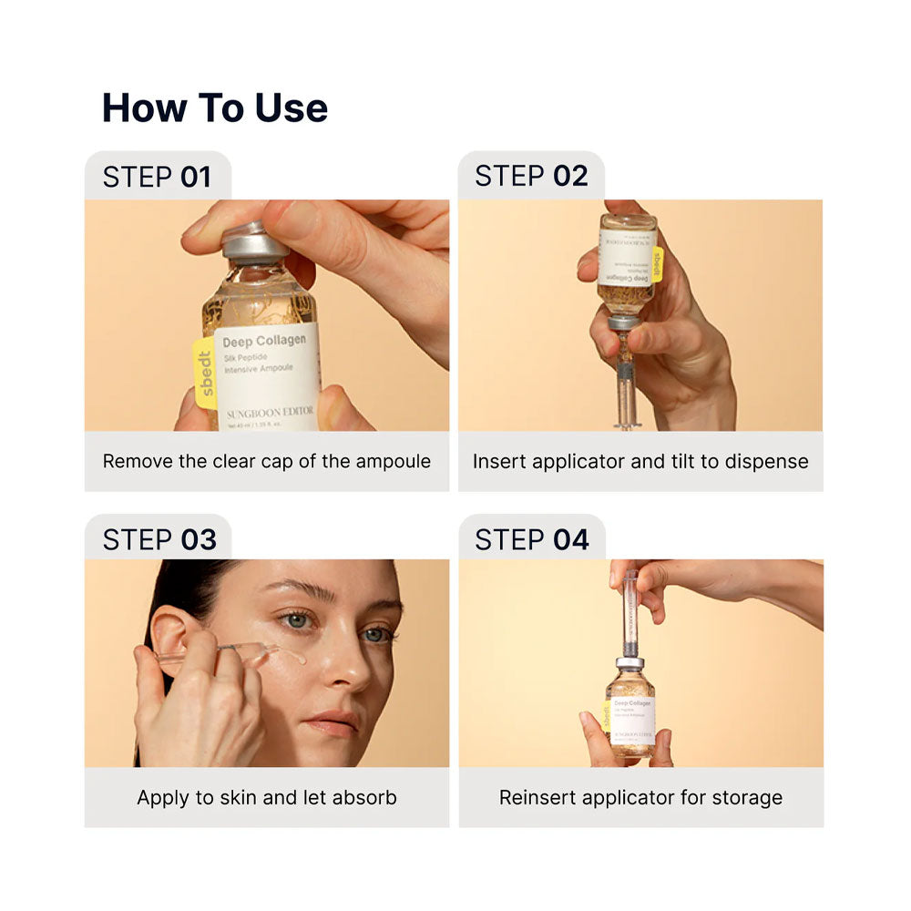 Step-by-step guide on how to use a skincare product with images of hands and a woman applying it.