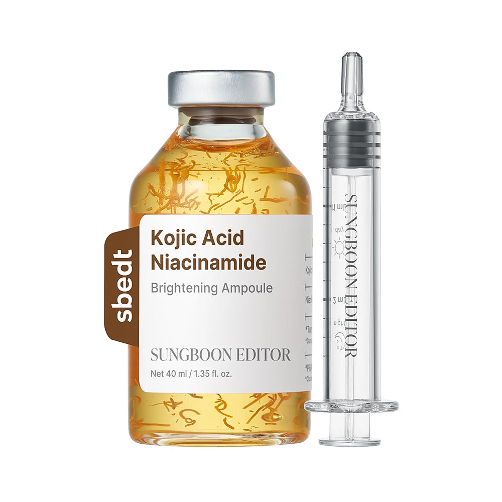 Kojic Acid Niacinamide brightening ampoule with a syringe on a white background