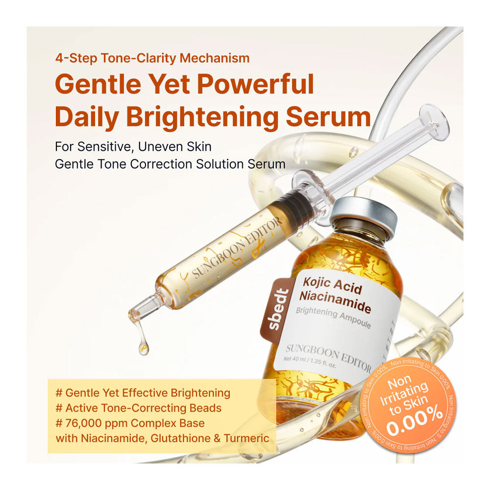 Sungboon Edition Kojic Acid Niacinamide daily brightening serum with syringe on a beige background
