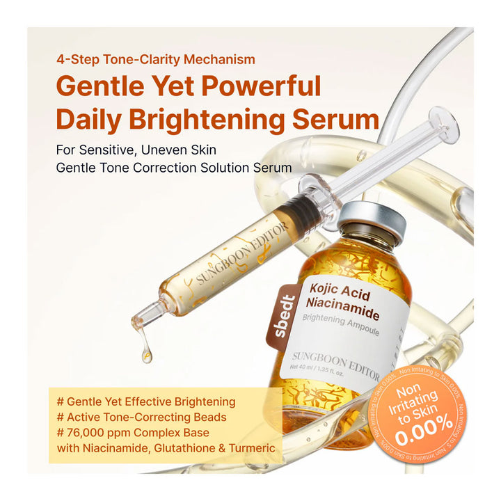 Sungboon Edition Kojic Acid Niacinamide daily brightening serum with syringe on a beige background