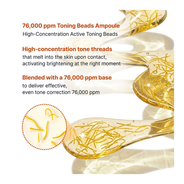 76,000 ppm Toning Beads Ampoule with text explaining its features on a white background.