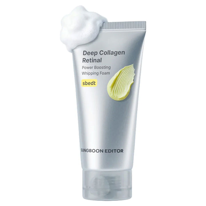 A silver squeeze tube of Sbedt Deep Collagen Retinal Power Boosting Whipping Foam, shown with white foam overflowing from the top and a yellow-green cream swirl graphic on a white background.