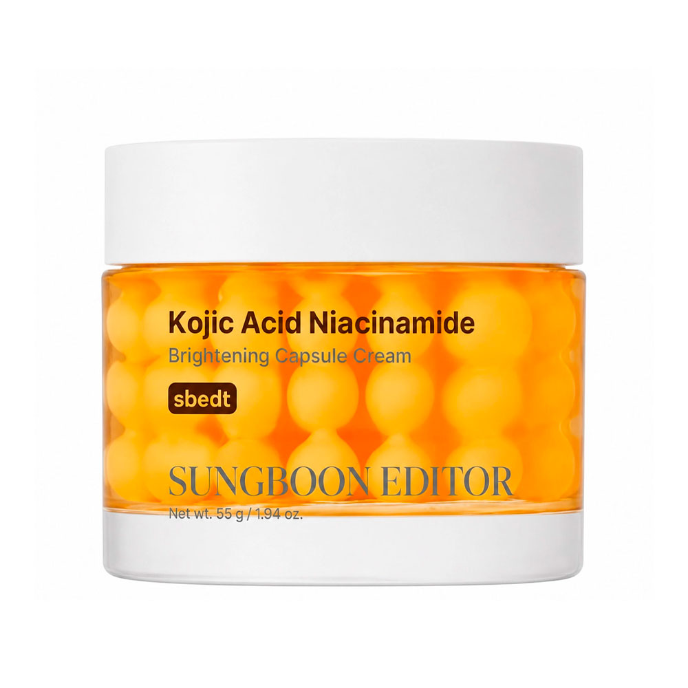 A jar of Sungboon Editor Kojic Acid Niacinamide Brightening Capsule Cream, featuring orange capsules visible through a clear container with a white lid and base.