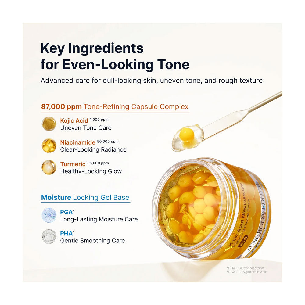 A skincare product informational graphic on an off-white background. The image features a jar of golden-yellow encapsulated gel base with a spoon holding a yellow gel sphere, alongside text detailing key ingredients including Kojic Acid, Niacinamide, and Turmeric, and benefits like even-looking tone and moisture locking.