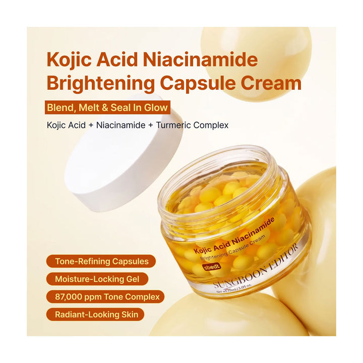 Sunmoon Editor Kojic Acid Niacinamide Brightening Capsule Cream jar with yellow capsules visible inside, shown on a warm beige background with floating cream-colored spheres and product text callouts.