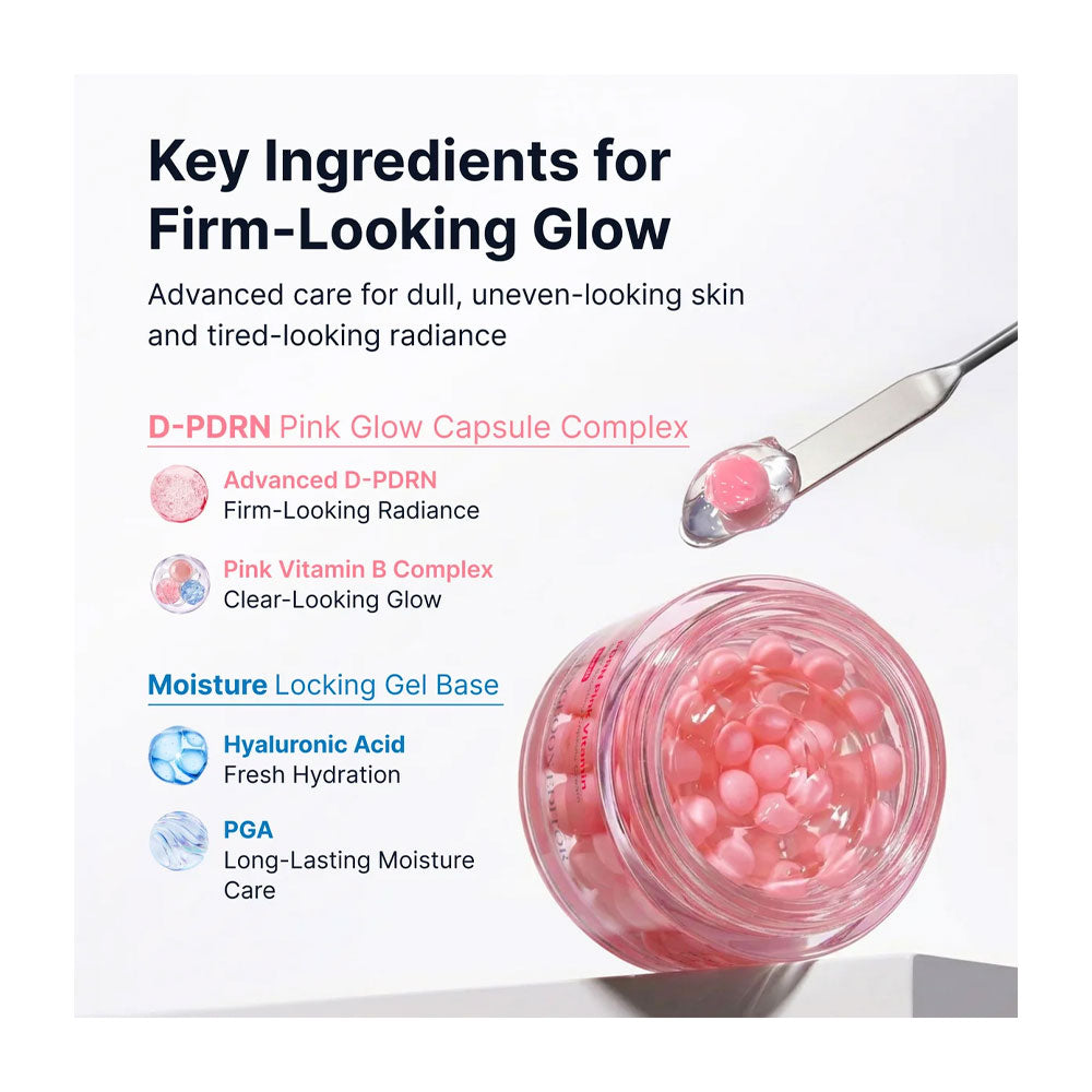 A cosmetic jar filled with pink glow capsules on a white background, with marketing text describing key ingredients including D-PDRN Pink Glow Capsule Complex, Pink Vitamin B Complex, and a moisture locking gel base with hyaluronic acid and PGA.