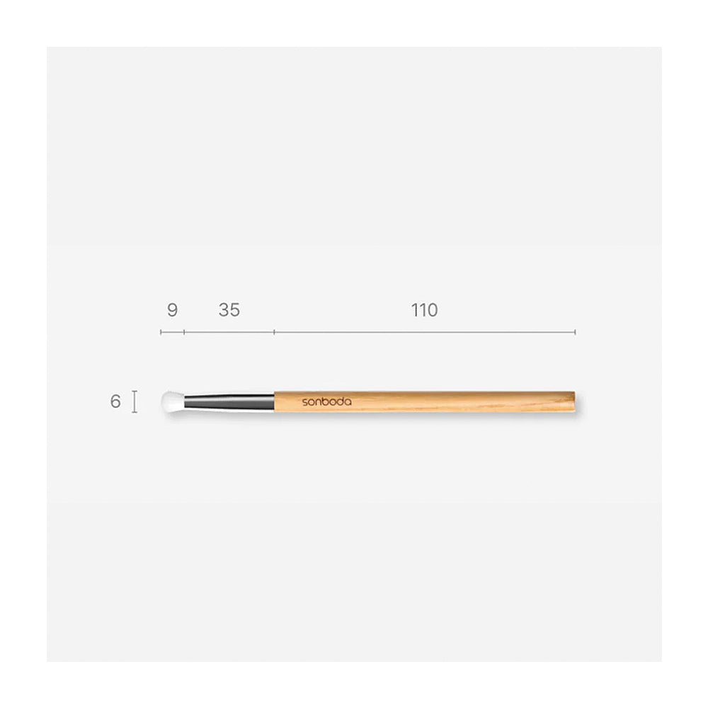 A single makeup brush shown horizontally on a light gray background with dimension labels above it, including measurements 9, 35, 110 and a width of 6.