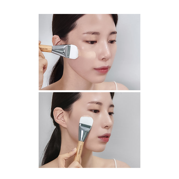 A split-screen demonstration of a makeup brush being used on a woman&