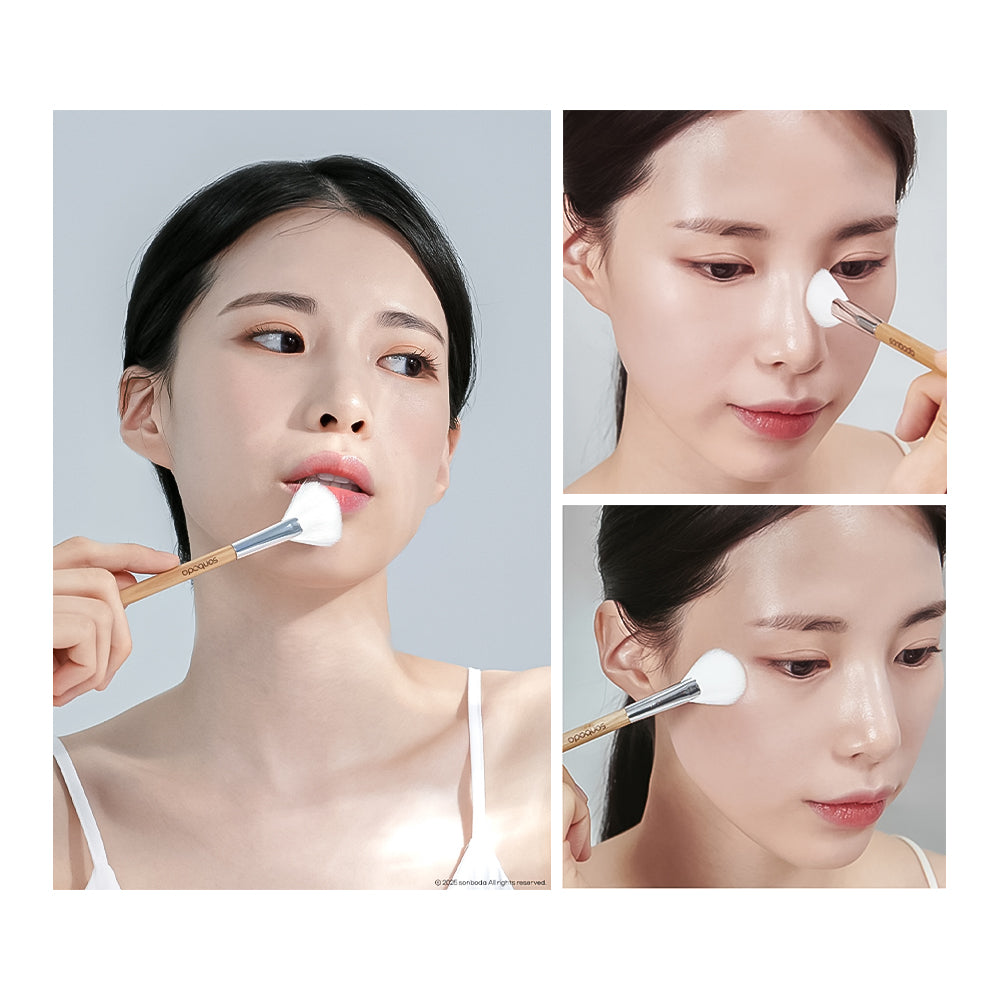 Three-panel collage showing a woman applying a white cosmetic cream or powder with a small makeup brush on her face, cheek, and ear, against a light gray background.