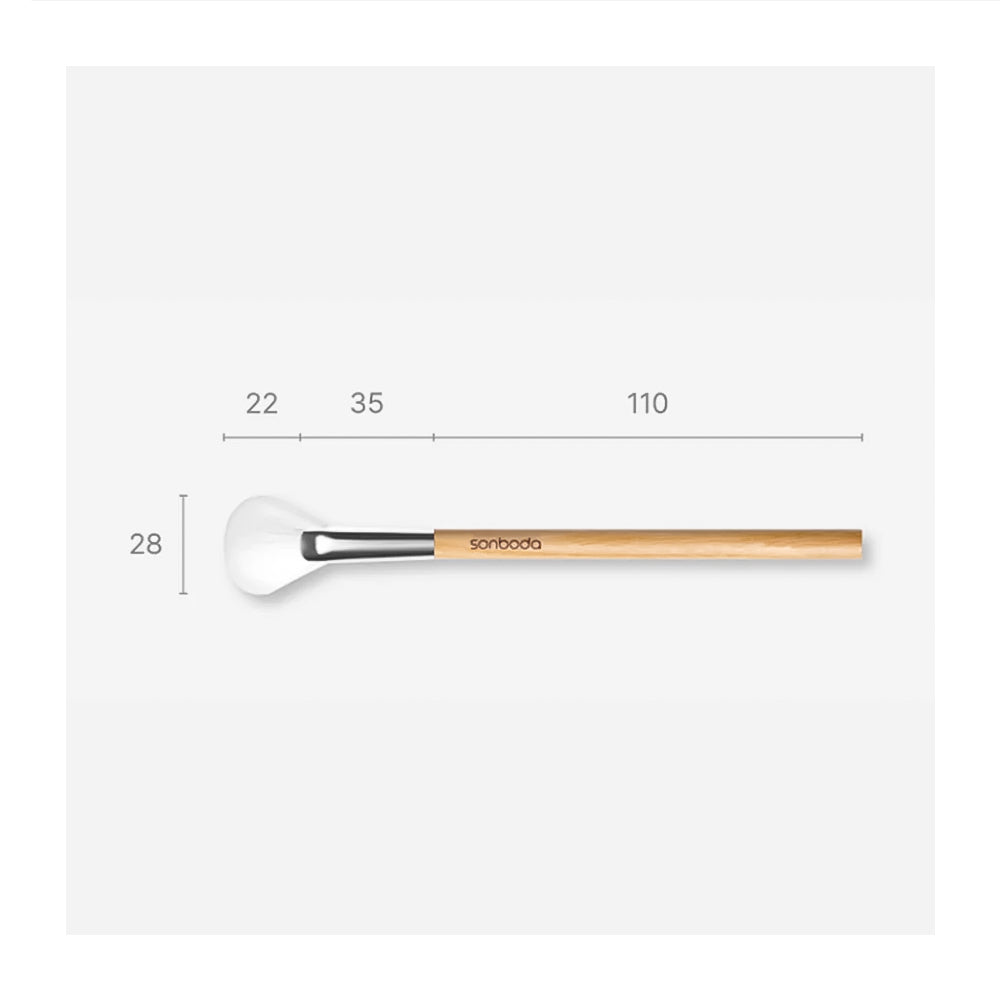 A makeup brush with a light wood handle and white bristles, shown horizontally with dimension labels above and to the left (22, 35, 110, 28) on a light gray background.