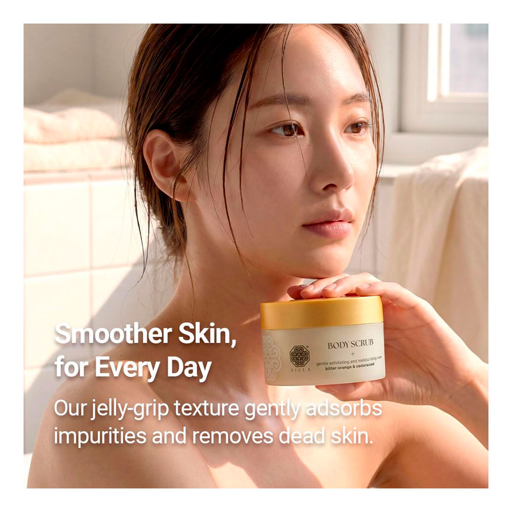 A woman in a bright bathroom holds a jar of BOWEN SCRUB B jelly-grip face scrub. The image features promotional text on the left reading 'Smoother Skin, for Every Day' and 'Our jelly-grip texture gently adsorbs impurities and removes dead skin.