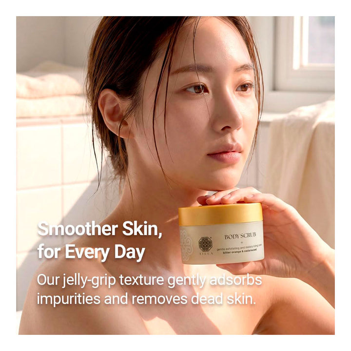 A woman in a bright bathroom holds a jar of BOWEN SCRUB B jelly-grip face scrub. The image features promotional text on the left reading &