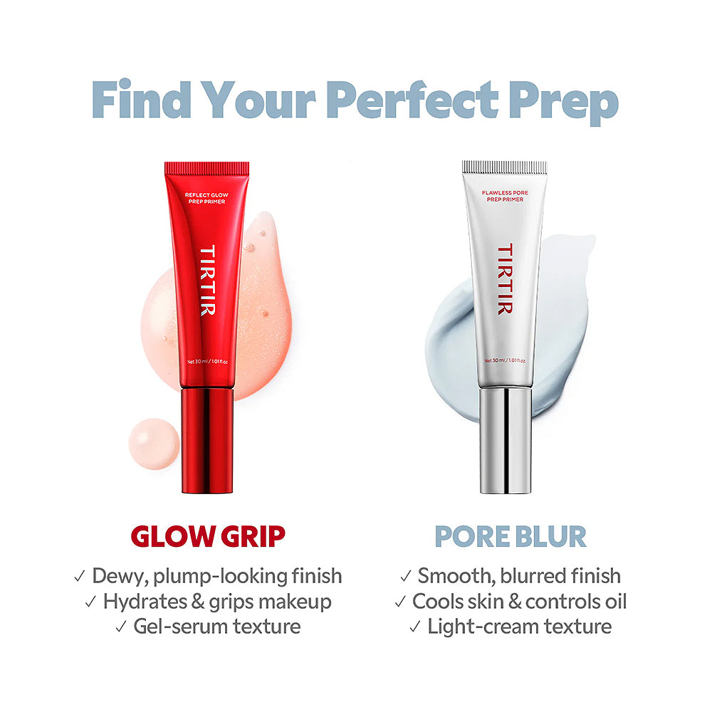 Two cosmetic tubes labeled TIRTIR are shown on a white background with descriptive text. On the left, a red tube is labeled &