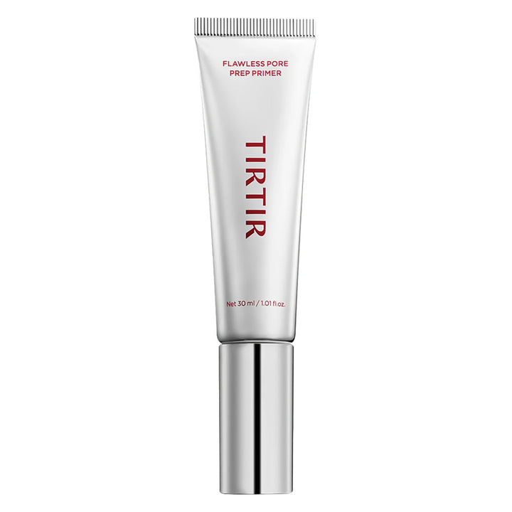 A 30 ml squeeze tube of TIRTIR Flawless Pore Prep Primer, featuring a metallic silver cap and a white tube body with red text, set against a plain white background.