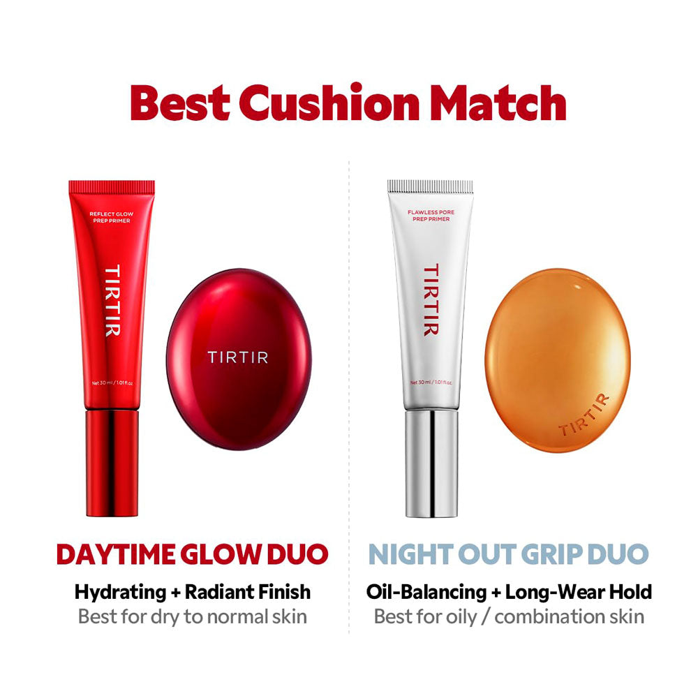A promotional graphic showing two TIRTIR cushion match sets: a red tube and red oval compact labeled &