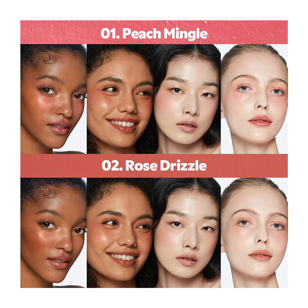 Collage of six faces with different skin tones and makeup colors labeled &
